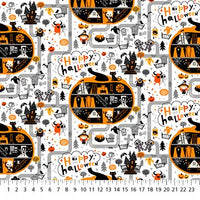 Halloween Town Ghoultown Greetings Fabric White, Northcott