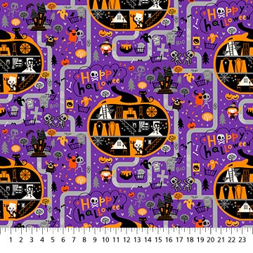 Halloween Town Ghoultown Greetings Fabric Purple, Northcott