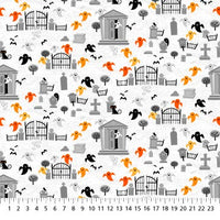Ghosts Ghoultown Greetings Fabric White, Northcott
