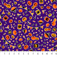 Pumpkin Party Ghoultown Greetings Fabric Purple, Northcott