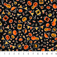 Pumpkin Party Ghoultown Greetings Fabric Black, Northcott