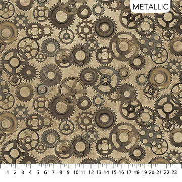 Heavy Metal Stonehenge Gold Cogs & Wheels Fabric, Northcott