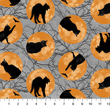 Cats in Moon Black Cat Capers Fabric, Northcott