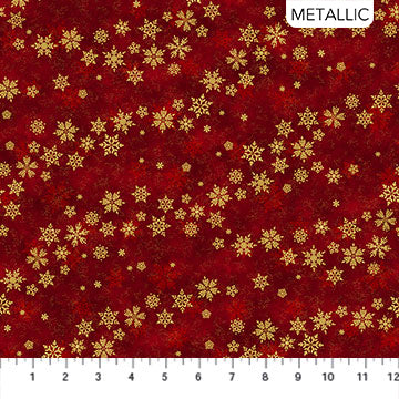 Shimmer Frost Blowin Snowflake Dark Red Gold Fabric, Northcott
