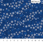 Shimmer Frost Blowin Snowflake Dark Blue Silver Fabric, Northcott
